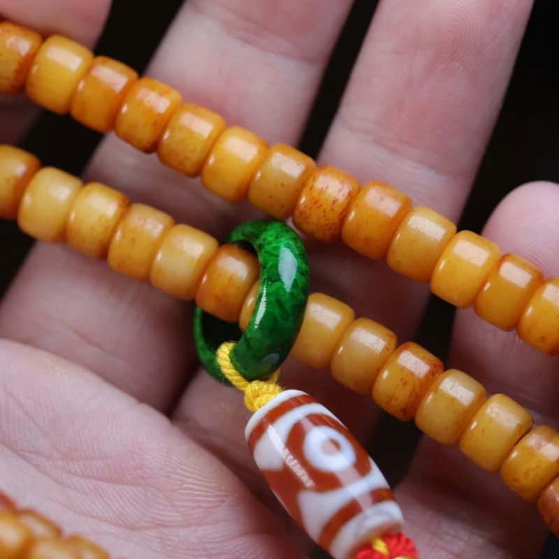 Yak bone Buddhist bracelet with a faceless Buddha and three-way Dzi bead accessories, hand-held prayer beads made of old ya