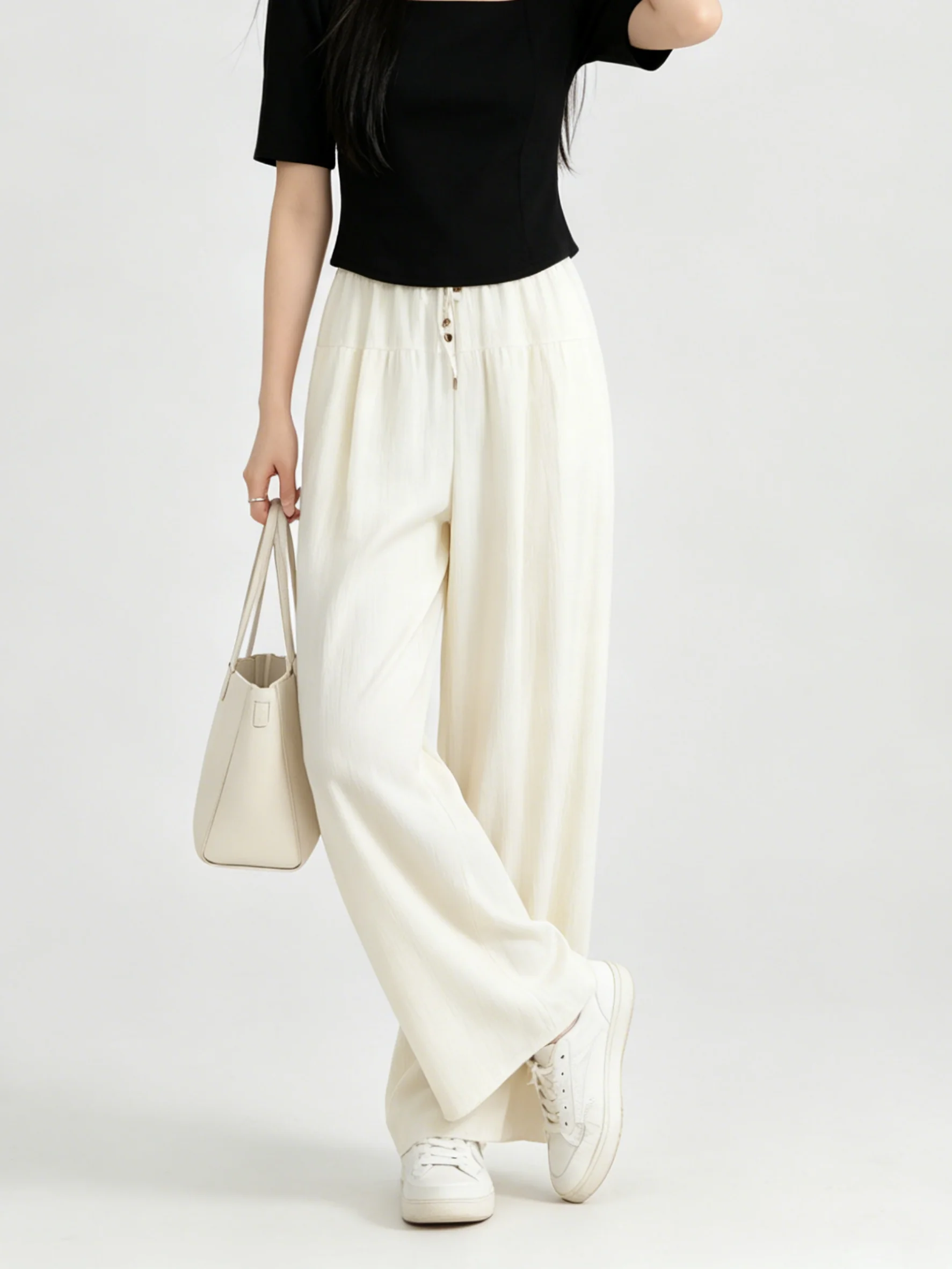 Skin-Friendly Breathable Korean Style Casual Pants High Waist Wide Leg Elastic Waist Summer New Lazy Style Fashionable All-Match