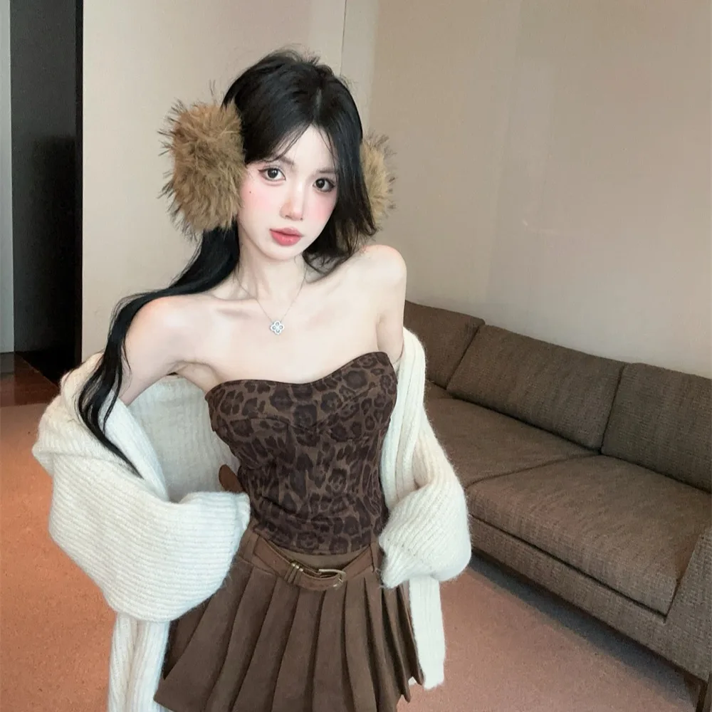 

Sexy Leopard Print Tube Top with Hood Loose Knitwear Coat High Waist Skirt Tee Piece Set for Trendy Girls Autumn Winte...