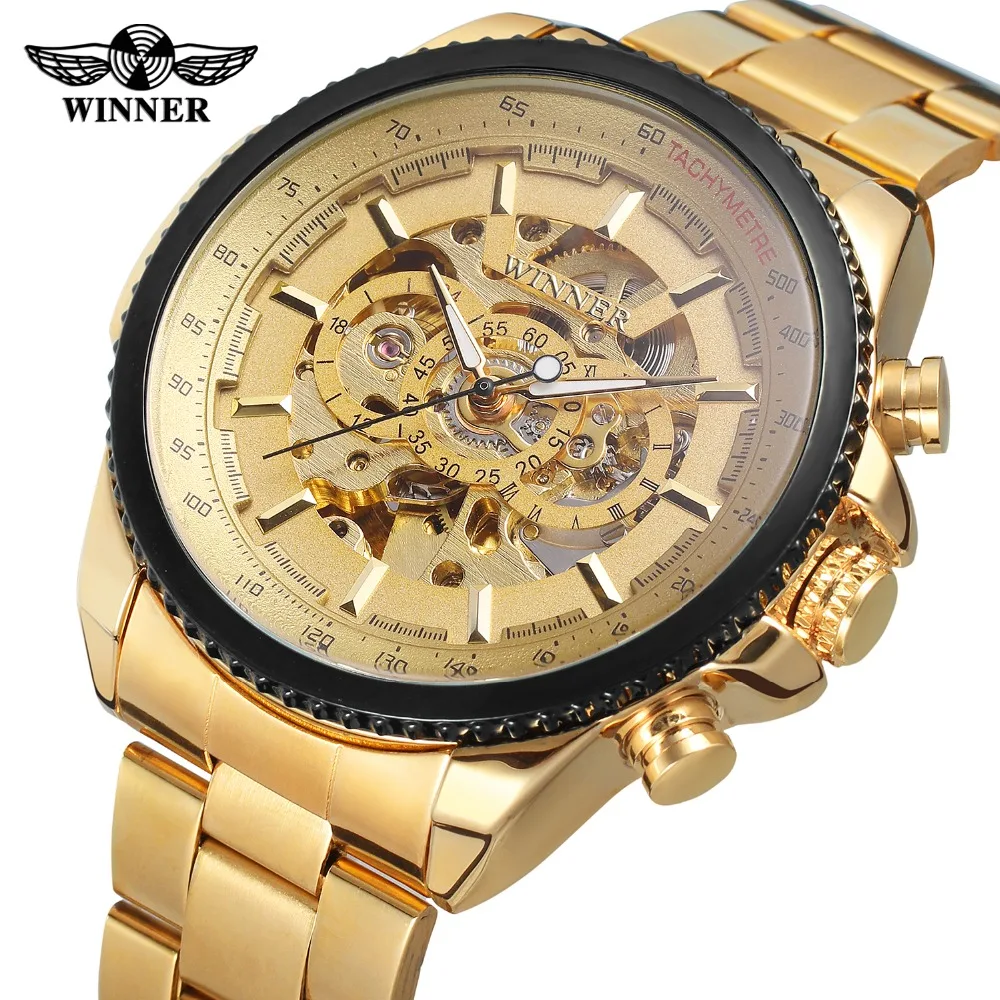 Top Brand Luxury Gold Winner Men Watch Cool Mechanical Automatic Wristwatch Stainless Steel Band Male Clock Skeleton Roman Dial