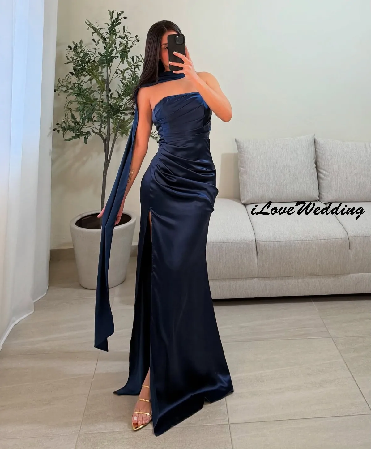 

Dark Blue Mermaid Evening Dresses 2025 Elegant Wedding Party Dress For Woman Prom Dress Ribbons Satin Strapless Gala Customized