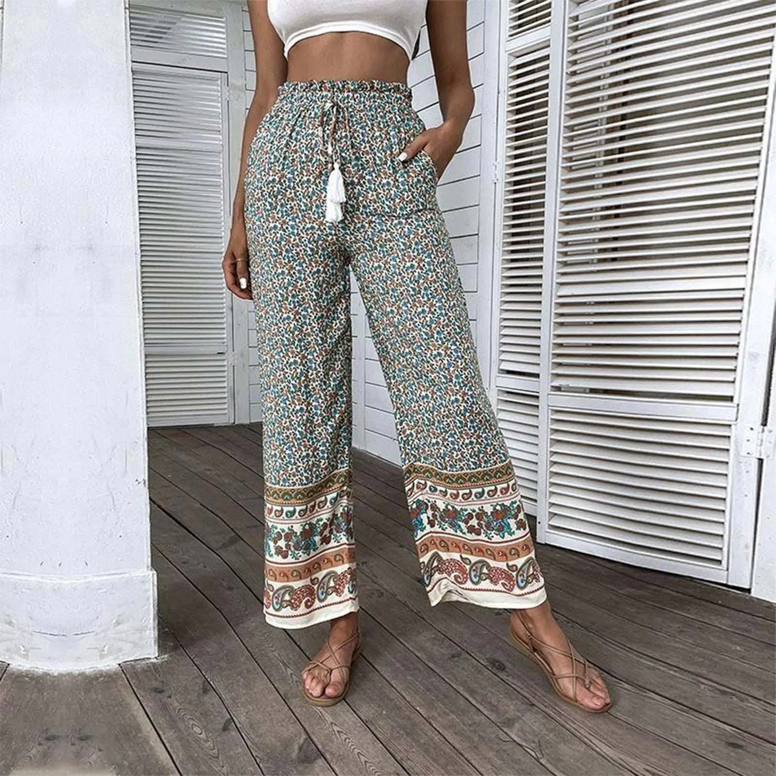 

Bohemian Print Wide Leg Palazzo Pants For Women Floral Loose Fit Trousers Summer Beach Holiday Vintage Ethnic Style Pantalones