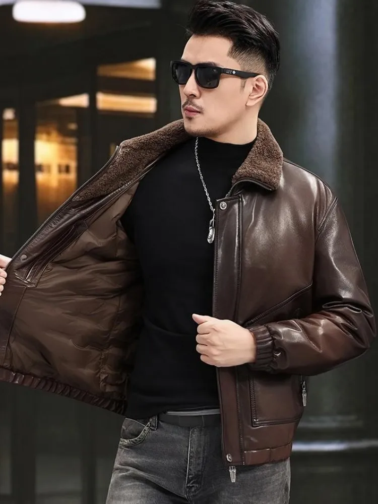 أزياء الترفيه جلد طبيعي الصوف طوق طويلة الأكمام أسفل معطف سليم سستة جيب دافئ الذكور جلد الغنم اليدوية ملابس خارجية