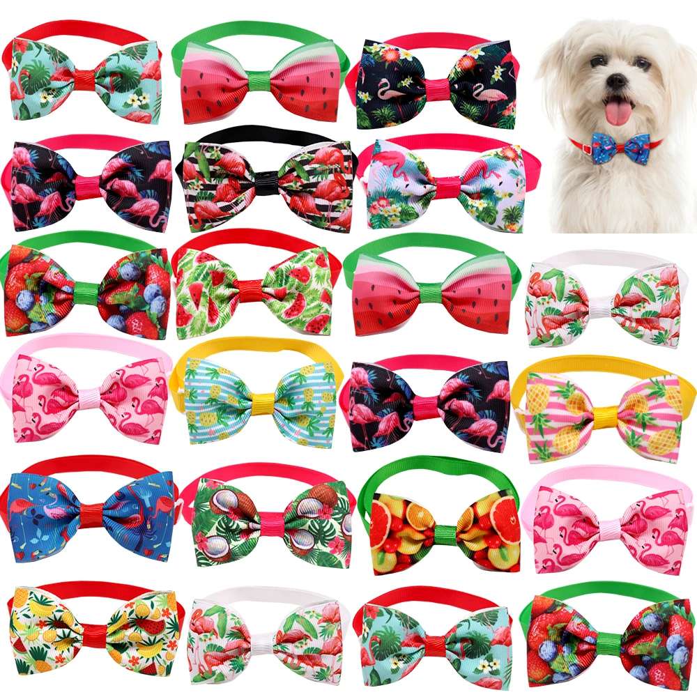 50/100 Piezas de Corbatas de Moño para Perros de Verano, Ajustables, con Estampado de Frutas y Flamencos, Productos de Moda para Perros y Gatos