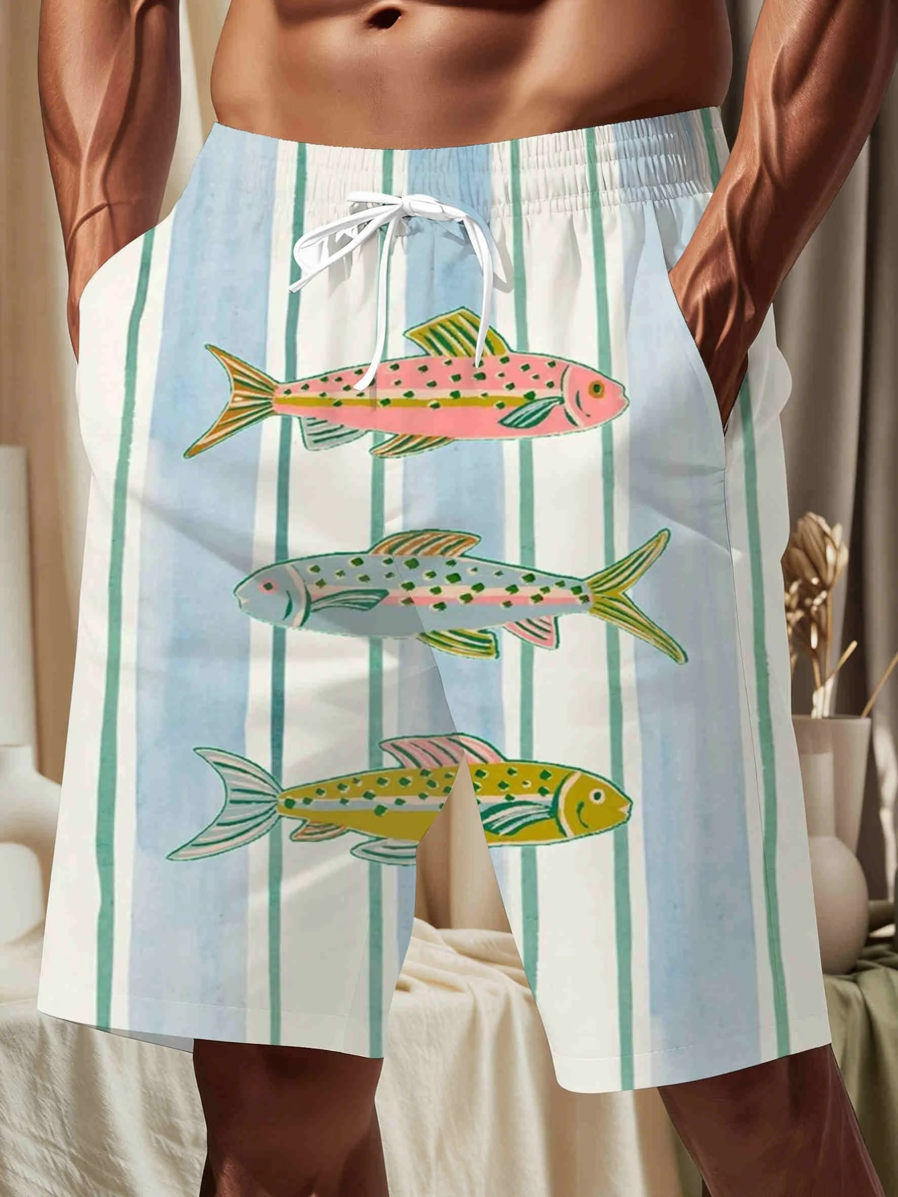 Men's Pastel Fish Stripe Print Quick Dry Drawstring Beach Swim Board Shorts