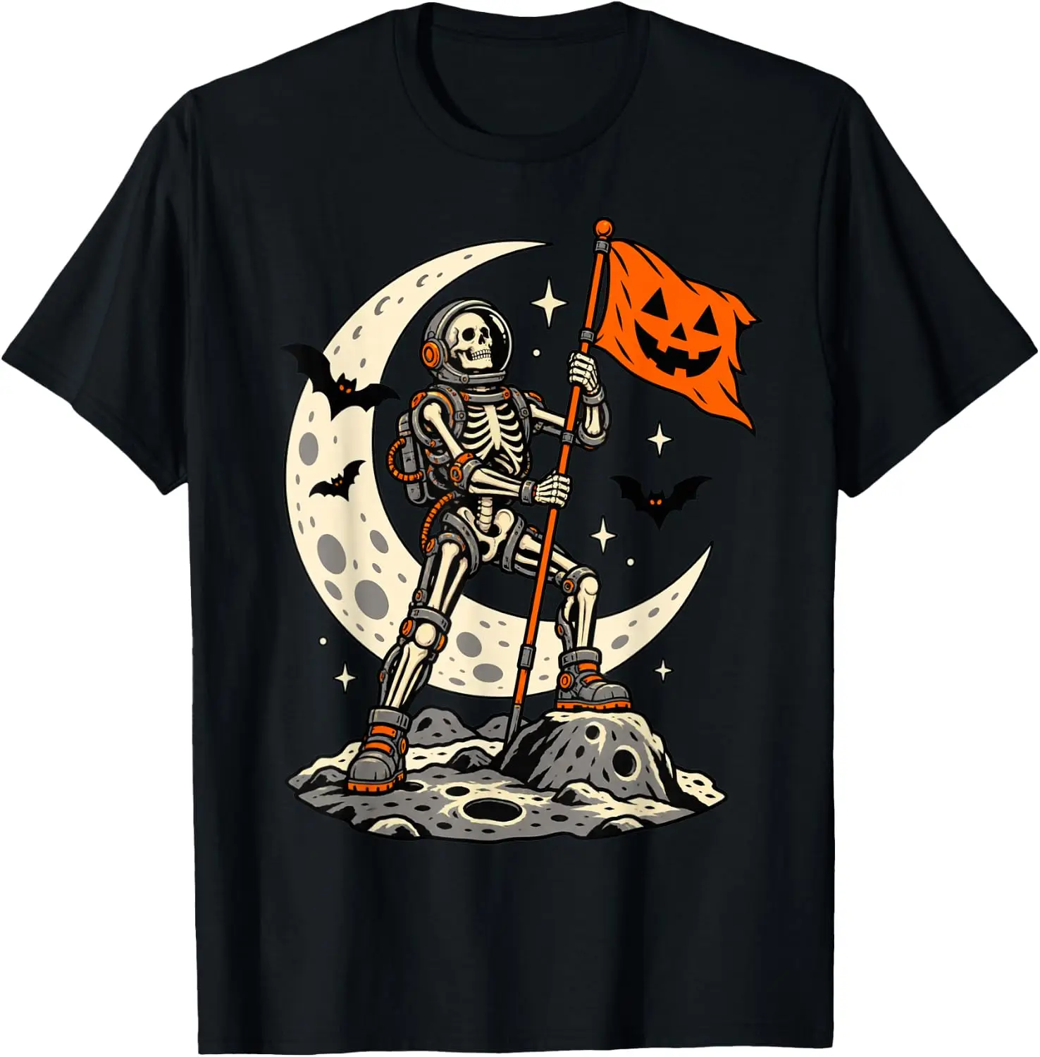 Skeleton Astronaut Halloween Pumpkin Flag Space Moon Bats T-Shirt Versatile, heavyweight pure cotton short-sleeve tee—trendy, thick fabric; a great gift for Christmas or Halloween.