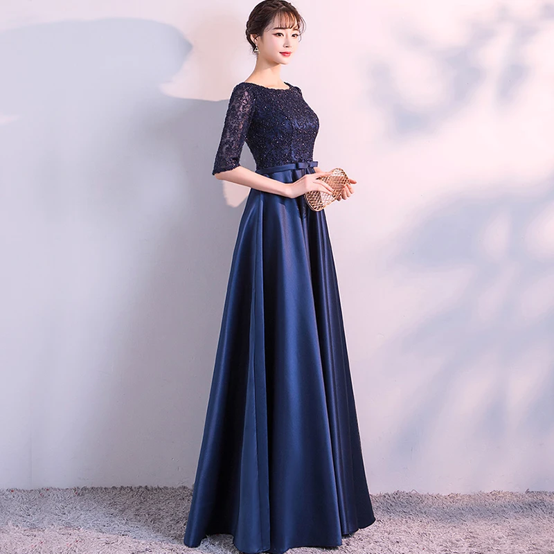 Dongcmy 새로운 2025 긴 정장 이브닝 드레스 우아한 레이스 새틴 네이비 블루 Vestidos Para Mujer 여성 파티 가운