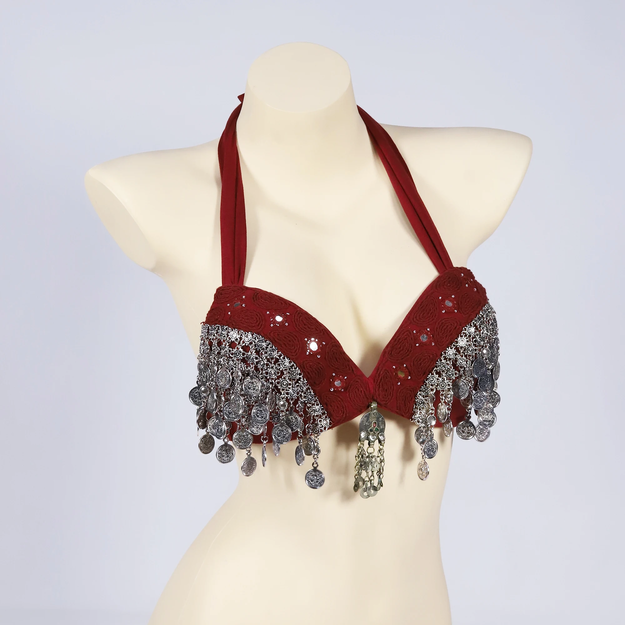 Sutiã tribal vermelho para dança do ventre, copo push up, sutiã cigano vintage, moedas de bronze, swags, tops ats