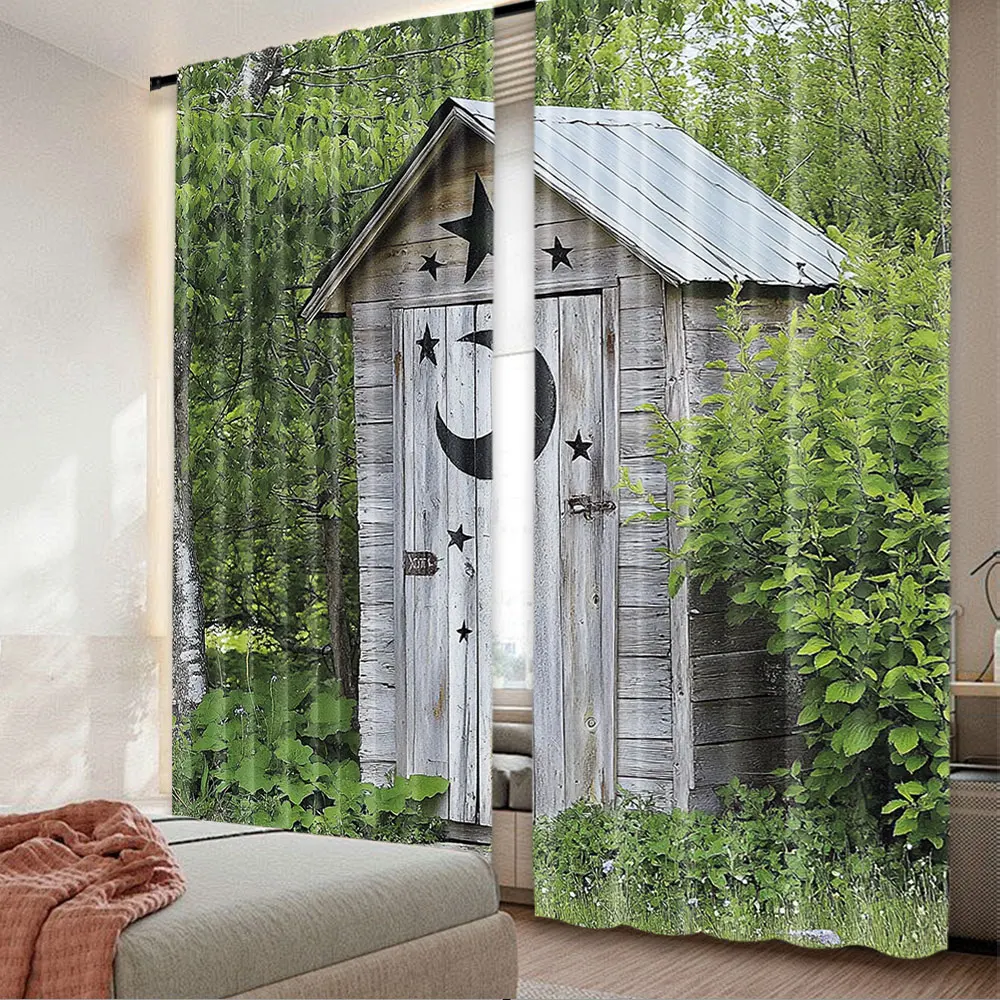 2Pcs Outhouse Curtain Vintage Farm Life Cottage Barn Shed In Forest Trees Leaves For Bedroom Living Room And Dining Room B