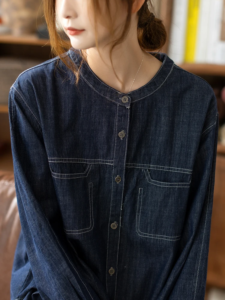 

Cyu Women's Casual Cotton Denim irt Breathable Loose Fit Deep Blue Vintage Sle Long Sve round Ne Open Cardigan