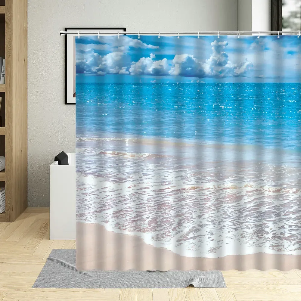 Natural Scenery Seaside Waves Vacation Shower Curtain Sunlight Cloud Beach Bath Decor Polyester Cloth Curtain Set With Hooks