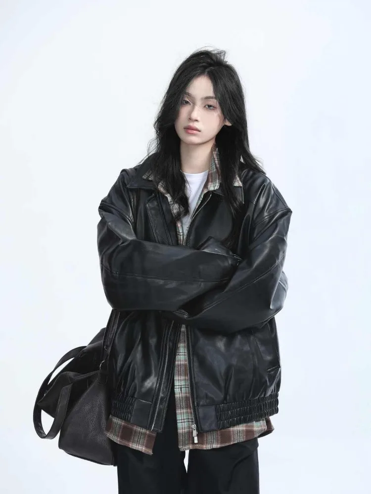 Marrom estilo coreano longo jaqueta de couro feminino vintage casual solto moto jaqueta de couro feminino 2025 outono streetwear moda casaco