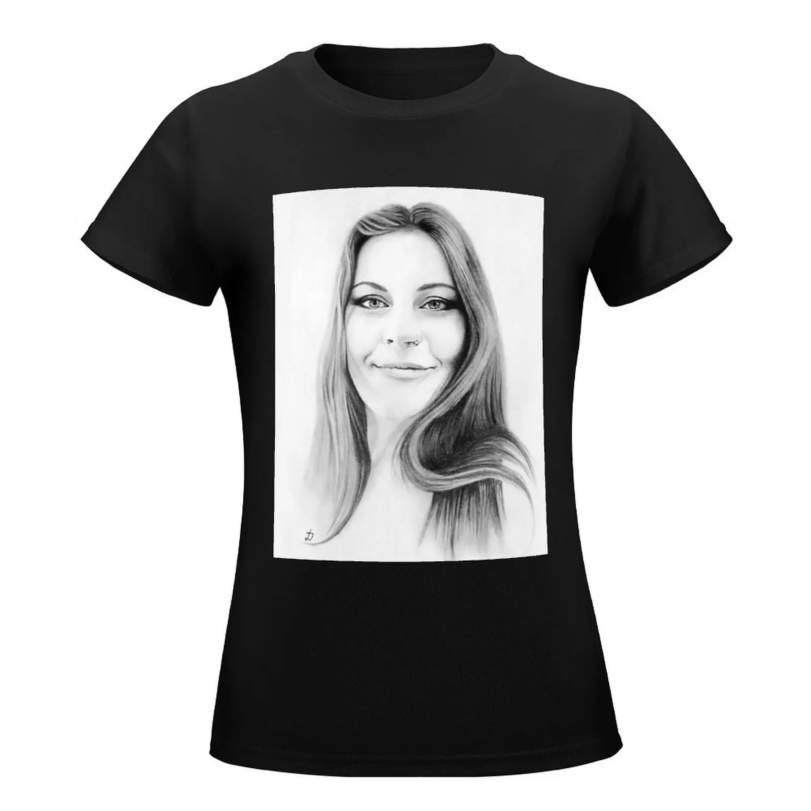 Floor Jansen Pencil Portrait. T-Shirt plus size tops aesthetic clothes Summer Women's clothing