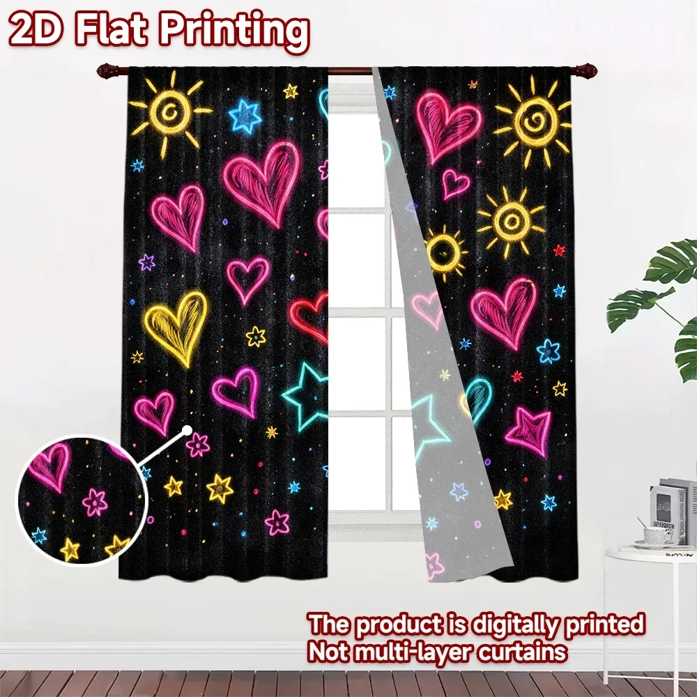 Fun Galaxy Stars Hearts Curtain Window Panel Black Background Glow Decor Digital Print Celestial Window Curtains