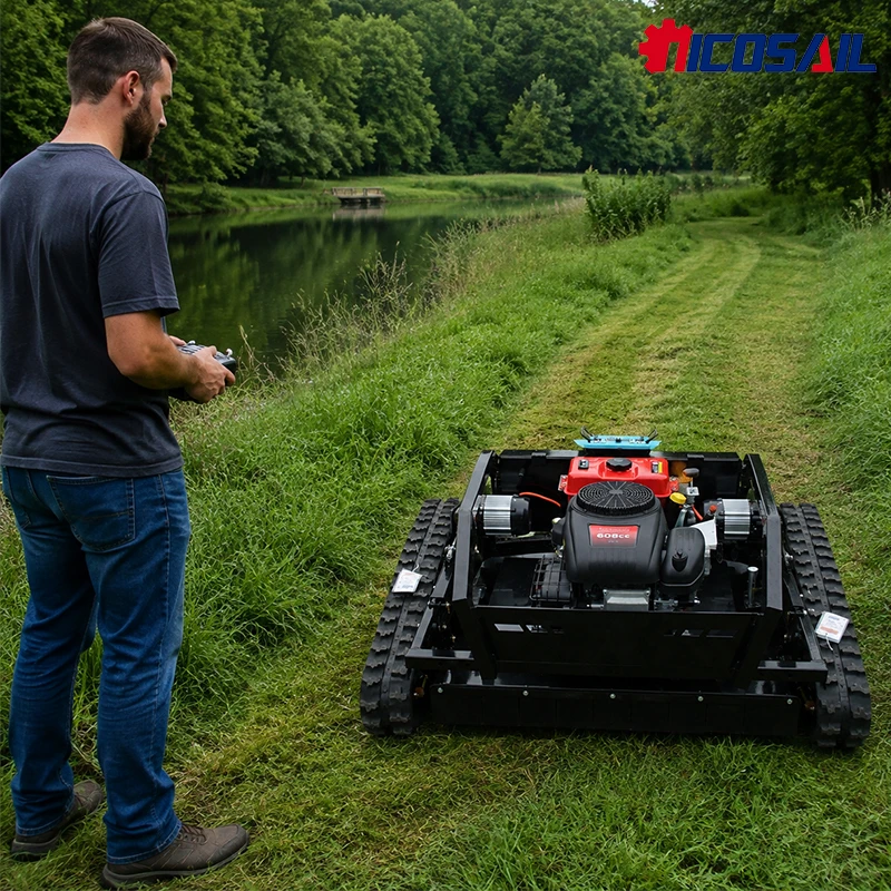 Heavy Duty Remote Control Lawn Mower Machine with Tracks Low Noise Operation for Garden Farm Vegetation Control