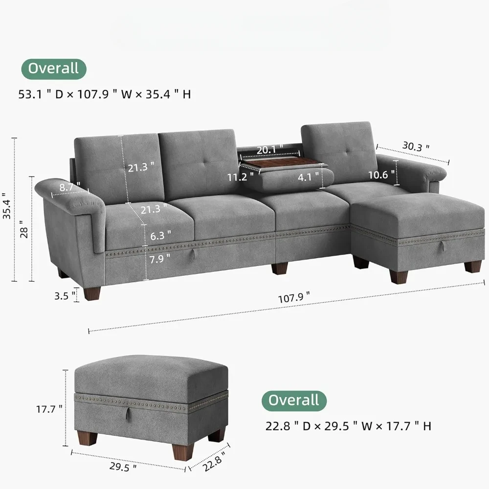 

Sectional Reversible Sofa L Shaped Sofa Convertible Couch With Storage Chaises And Cup Holders 4-Seater Sofas Sectional