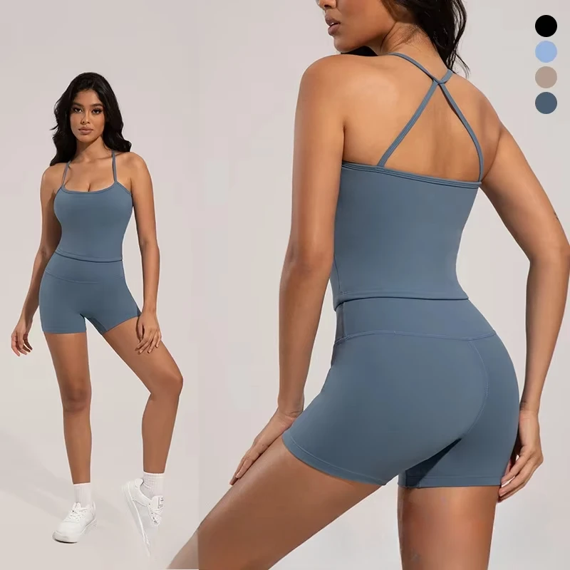 

Seamless Yoga Sets Sports Fitness High Waist Hip Raise Backless Sports Vest Yoga Suit Workout Clothes Gym Shorts Set for Women