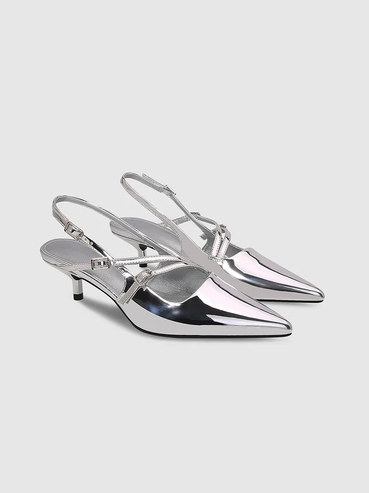 Size 34-40 Patent Leather Pointed Toe 5.2cm High Heel Sandals Women Silver Summer Sandals Black Professional Work Shoes