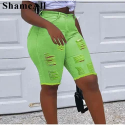 Sexy Ripped Skinny Jeans Shorts Fluorescent Destroyed Holes Stretch Leggings Short Pants Denim Bermudas Baggy Torn Jeggings