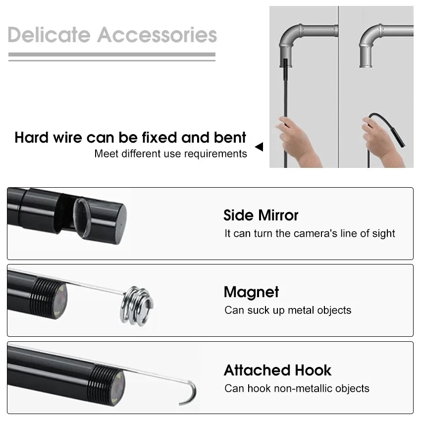 Endoscope Camera 7mm HD Mini Camera Endoscope Hard Cable Inspection Borescope Camera USB Type C for Android PC  6LEDs Adjustable