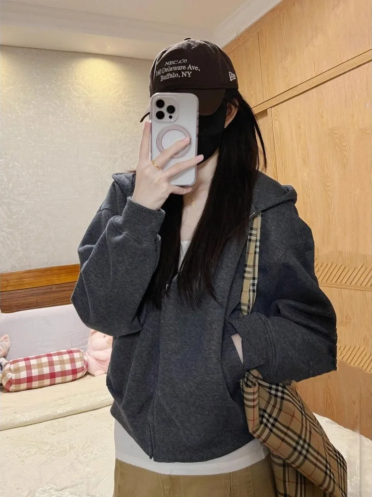 Early Autumn Retro Hoodie Jaet Women Winter 2025 New Loose Casual Versatile Basic Open Cardigan Top Ladies Faion