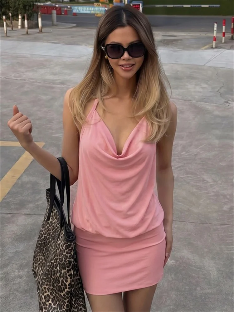 Tossy Sexy Halter Cowl Neck Mini Dress Women Backless Y2K Drop Waist Party Dress Summer Beach Vacation Sleeveless Bodycon Dress