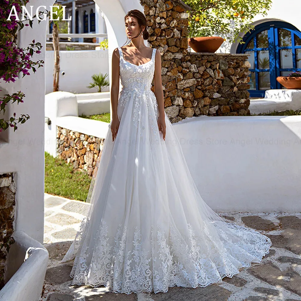 ANGEL Elegant Lace Up Backless Wedding Dress For Women Romantic A-line Sleeveless Bride Party Romantic Tulle Robe De Mariée