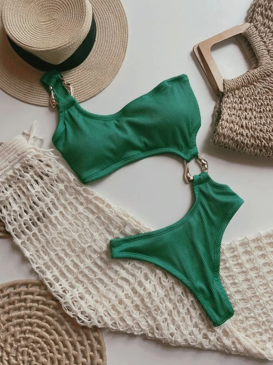 Women's One Piece Swimsuit Ring Cut Out Front High Cut Cheeky Bathing Suit Monokini Swimwear One Shoulder Ribbed Monokini