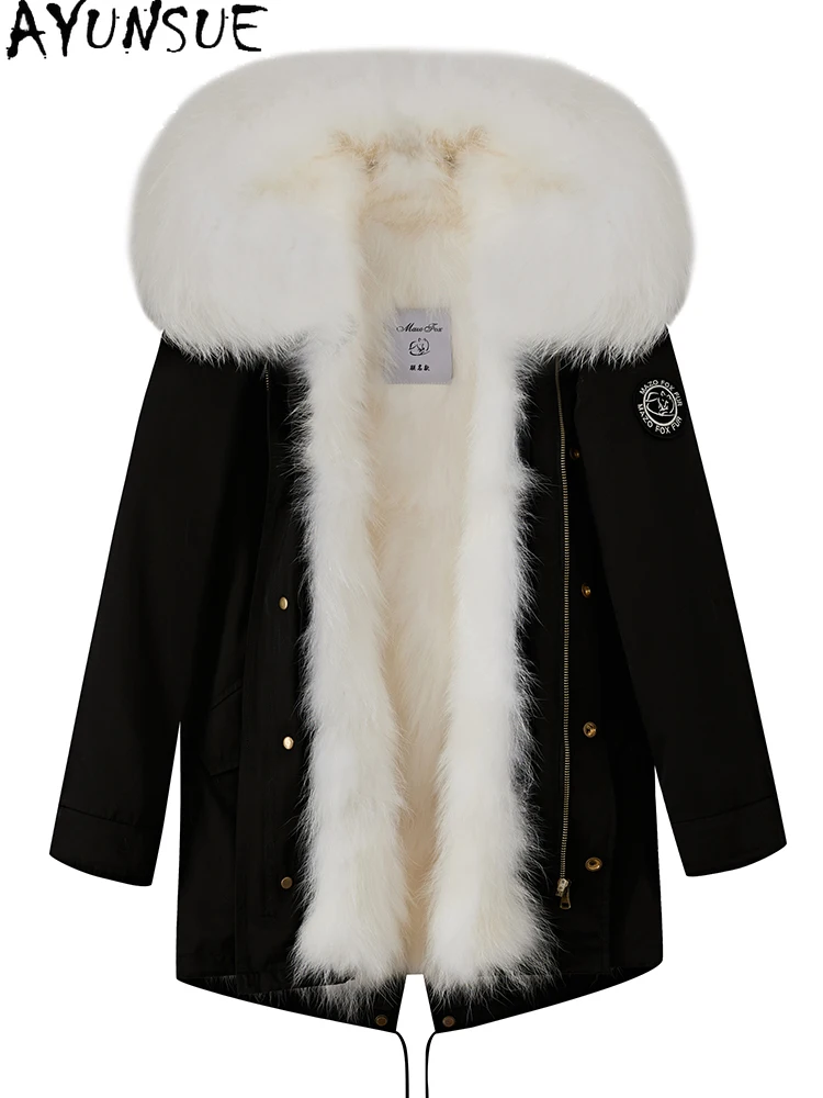 AYUNSUE 너구리 모피 파카 여성 2025 리얼 퍼 코트 겨울 의류 중간 길이 트렌치 코트 너구리 모피 칼라 여성용 코트