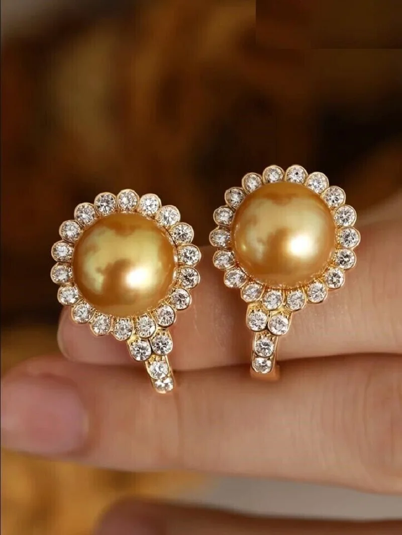 

Gorgeous and huge AAAAA 10-11mm South China Sea gold earrings, pearl earrings, 925S