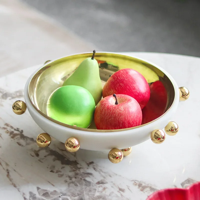 Golden Bead Fruit Bowl Geometric Sphere Abstract Tray Round Bowl Desktop Storage Container Home Decoration Accessories