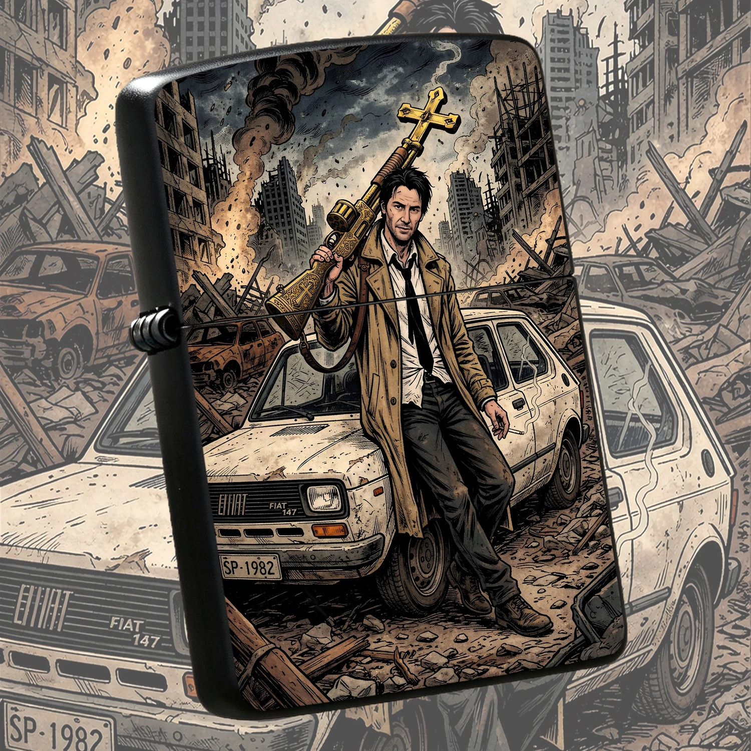 English: Creative Post-Apocalyptic Themed Portable , Retro Comic Style Ruined City Artistic Trendy Piece, Suitable For All Daily Scenarios, Ideal Unique Gift For Friends And Hobbyists For Collection, Practical Decorative Carry-On Accessory