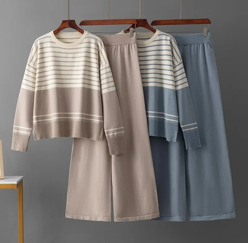 

Autumn Winter Stripe Knitted Two-Piece Set round Neck Sweater Loose Casual Fashionable Pants Women's Fashion Clothing