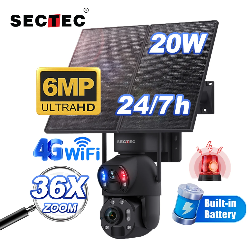 SECTEC 24/7 ساعة تسجيل 20 واط لوحة طاقة شمسية IP66 بطارية كبيرة عرض مزدوج Ubox بصري 36X تكبير خارجي 4G واي فاي نسخة كاميرا تلفزيونات الدوائر المغلقة