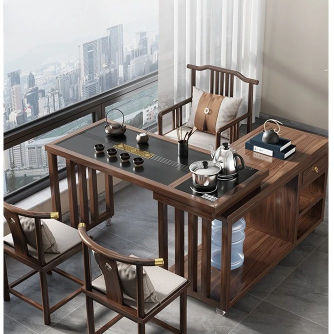 Solid wood rotating table and chairs full set of kettle integrated tea table balcony living room small apartment