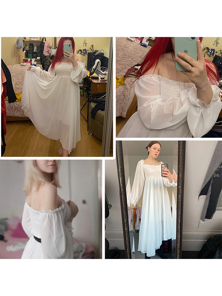 LY VAREY LIN New Spring Autumn Women Elegant Holiday Dresses Puff Sleeve Slash Neck Off Shoulder Smocked White Chiffon Dresses