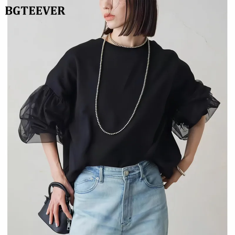 

BGTEEVER Stylish Long Sleeve Loose Women Sweatshirts Mesh Patchwork Female Jumpers Outwear