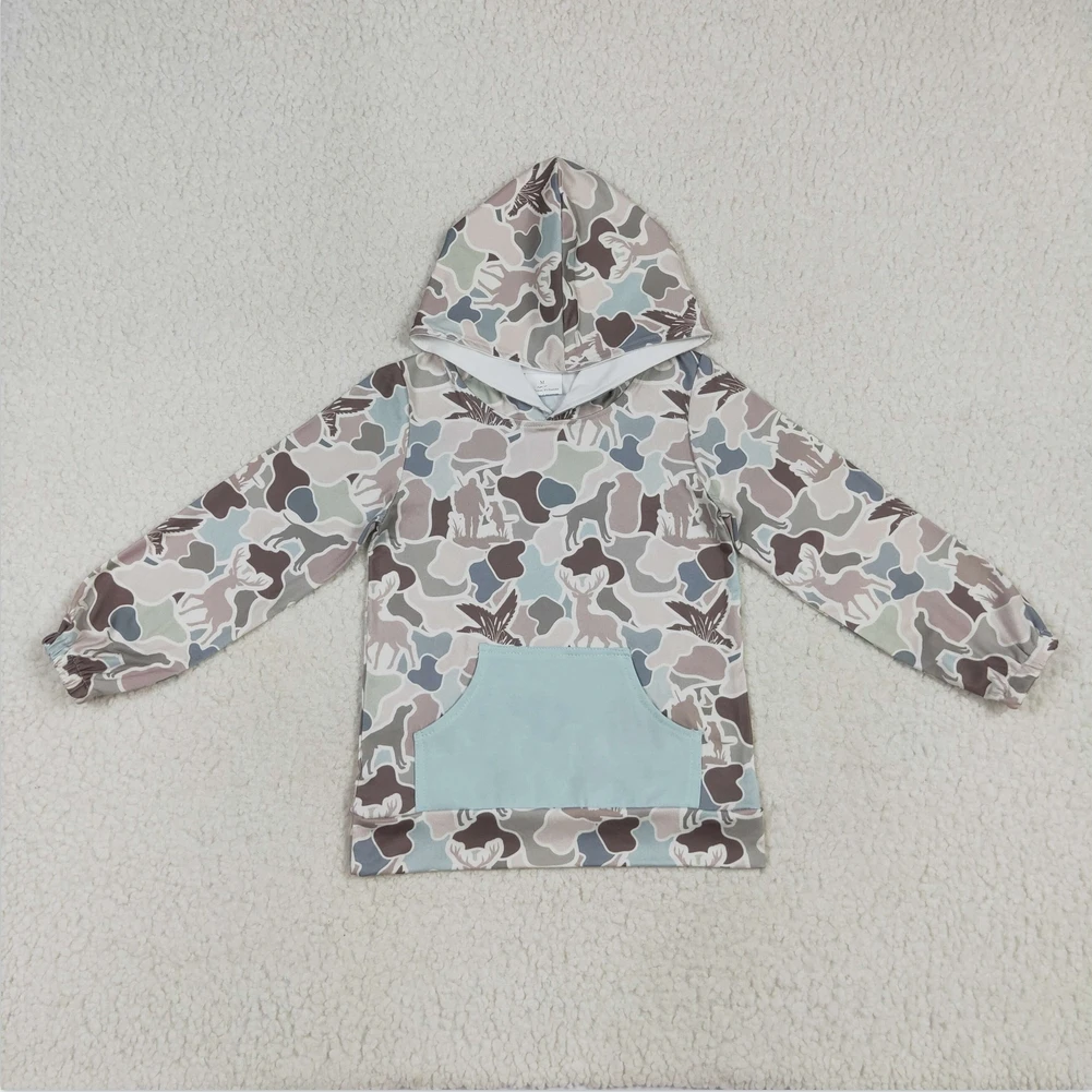 

Wholesale New Arrival baby boy clothes Long Sleeves Gray Camo Ducks Pocket Hoodies top Summer Boutique baby boys Hoodies Tops
