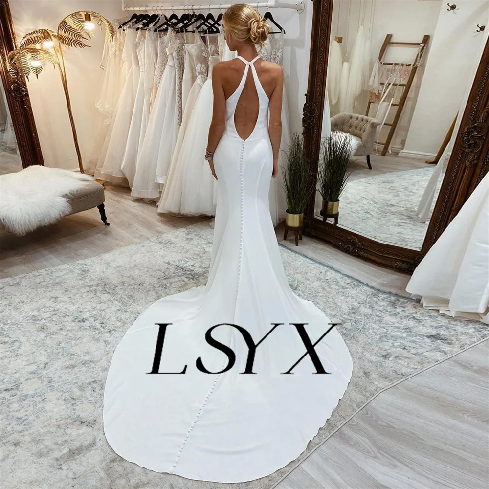 LSYX-vestido de novia de cuello alto, sencillo, sin mangas, corte de crepé, sirena blanca, espalda abierta, tren de corte, hecho a medida