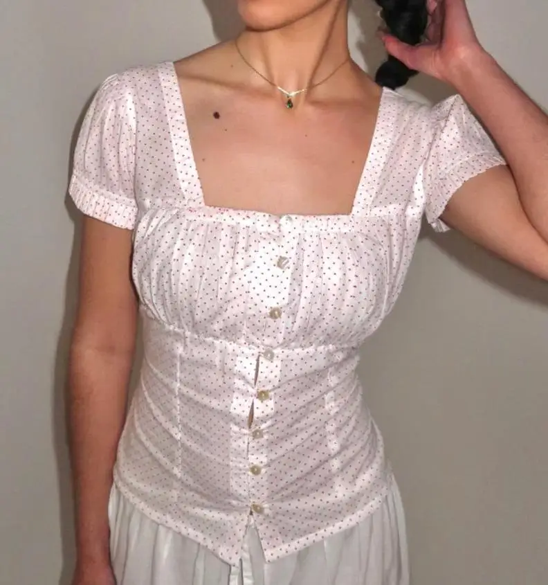 2025 ريترو خمر 50s بلايز الصيف قصيرة الأكمام البولكا نقطة مطبوعة تي شيرتات قطن بلوزات المرأة عادية رائجة البيع S-XL