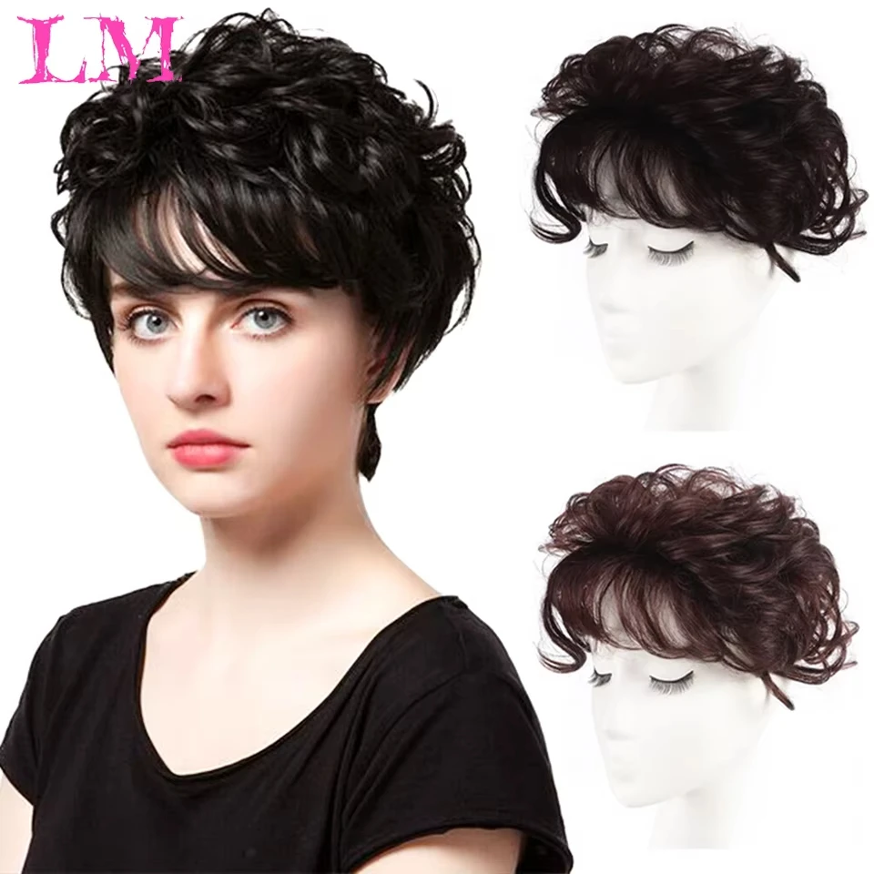 LM Short Curly Replacement Hair Piece With Bangs Cover White Hair Toupee Clip In Natural Hair Bangs Fringe Hair Pieces