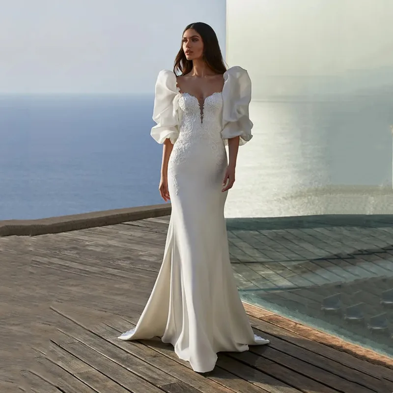 Exquisitos vestidos de novia de sirena de satén con cuello cuadrado para mujer, apliques de encaje, vestido de novia de playa sin espalda, mangas abullonadas, largo hasta el suelo