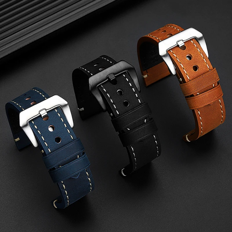 Genuine Leather Rivets Watch Band 22mm 24mm 26mm Vintage Crazy Horse Leather Bracelet Strap Replacement for Panerai Breitling