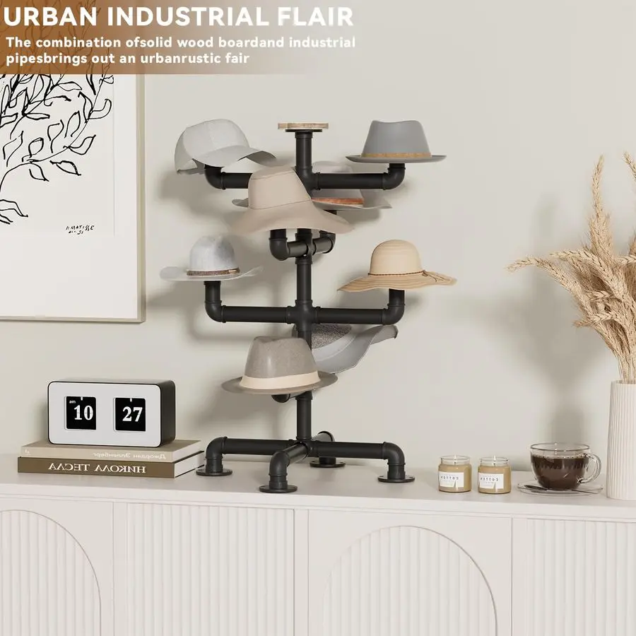 Hat Racks Heavy Duty Metal Pipe Hat Display 8 Rustic Solid Wood Hooks Free Standing Cap Organizer for Hats Wigs Headwear Tableto