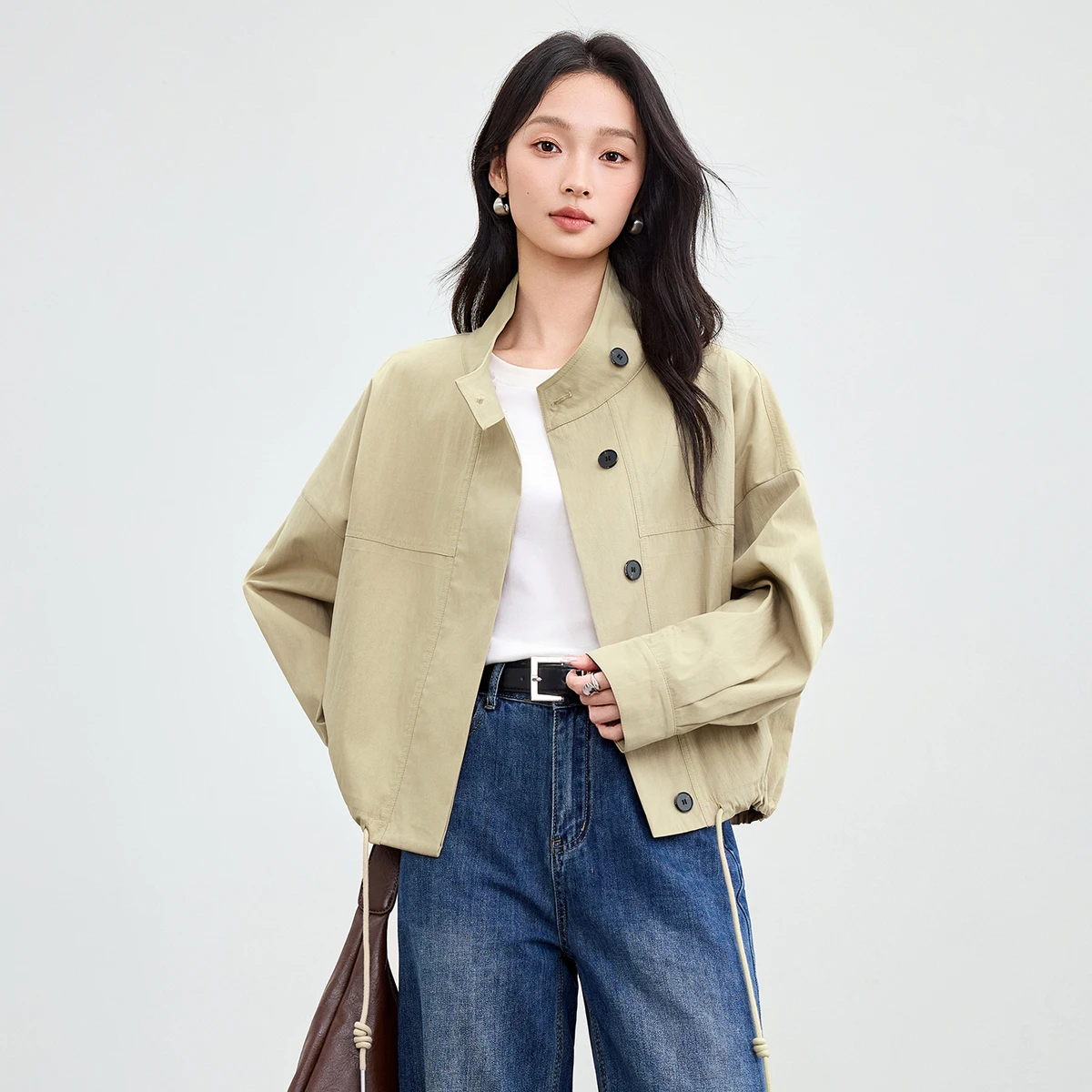 

SENTUBILA Jacket Woman Long Sleeve Elegant Autumn 2025 Outerwears Office Lady Stand-up Collar Drawstring Female Coats 153WB2194