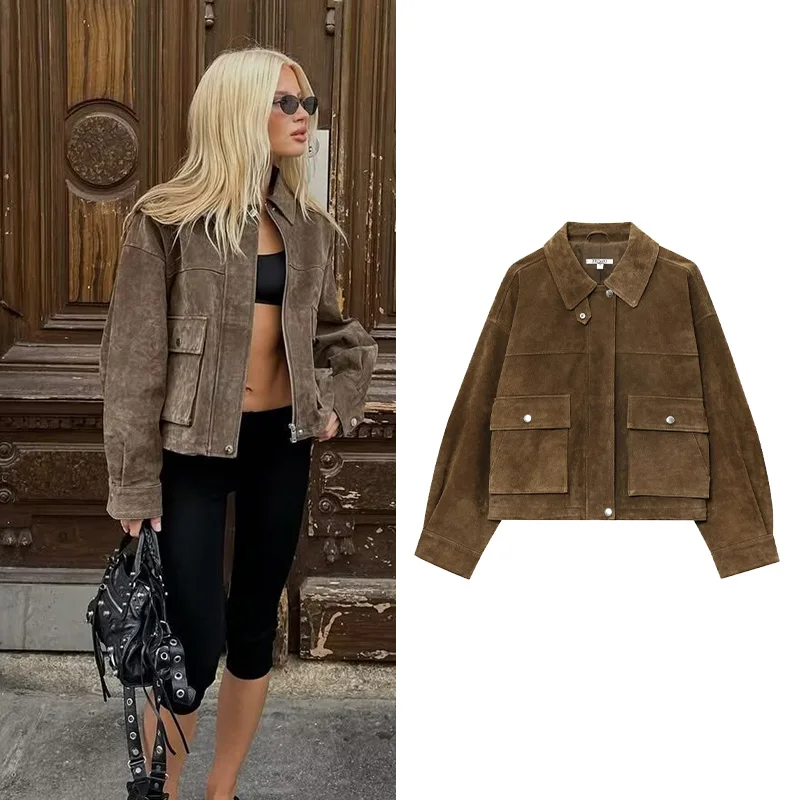 Women Leather Jacket with Button Fashion Autumn Laple Collar Long Sleeve Pcoket Short Jacket Causal Female Jacket