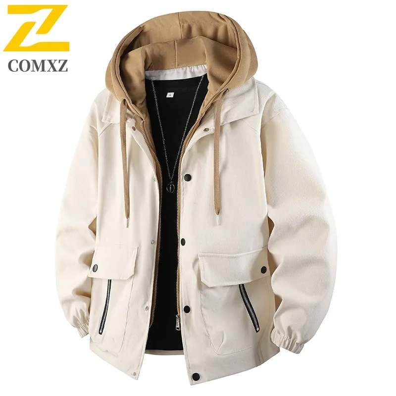 

COMXZ повседневная мужская куртка с капюшоном для исследования на открытом воздухе, ветрозащитное пальто, однотонное удобное легкое осеннее мотоциклетное пальто для путешествий