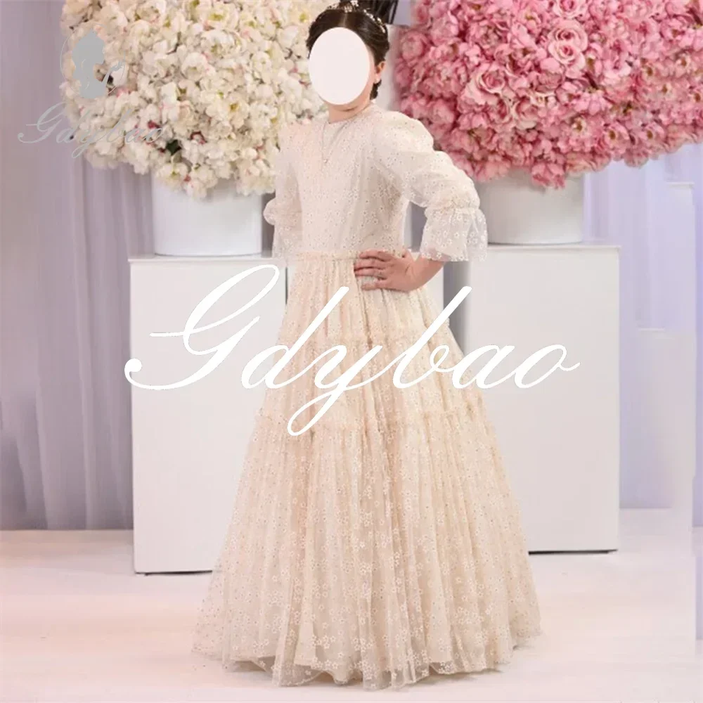 Elegante puff manga longa renda apliques uma linha princesa festa de casamento vestido da menina flor até o chão formal primeira comunhão vestido