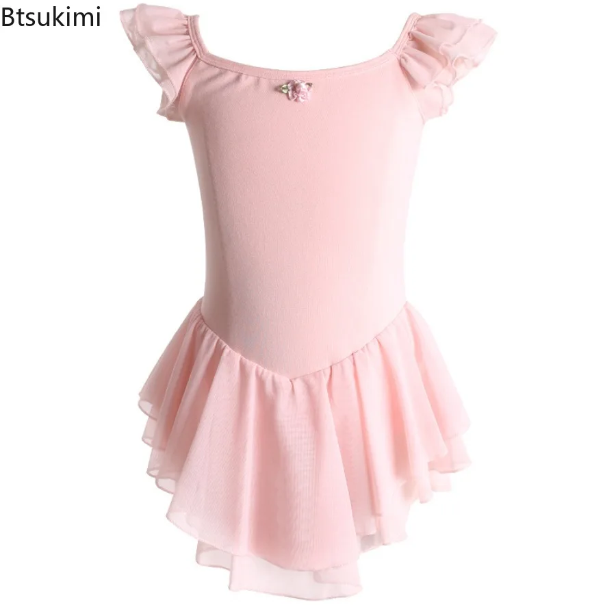 

Girl Pink Ruffle Sleeves Ballet Dress Kids Leotard Tutu Dance Wear Ballerina Stage Performance Clothes Cotton Gymnastic Bodysuit