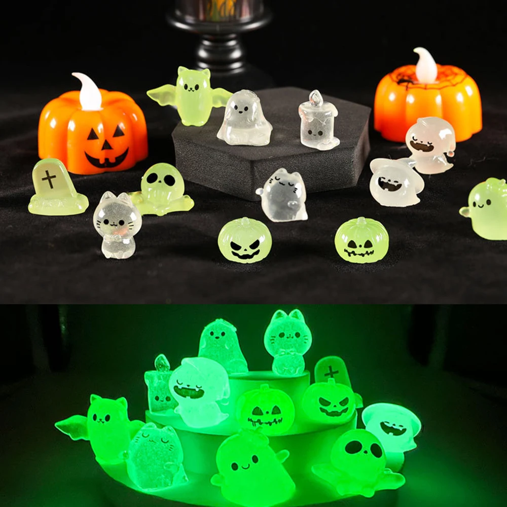 Micro paisaje luminoso de Halloween, calabaza, fantasma, adornos, Kit de bricolaje, decoración de resina, Patio al aire libre, accesorios de jardín